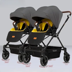 Cochecito para gemelos ultraligero, plegable y reclinable de lujo