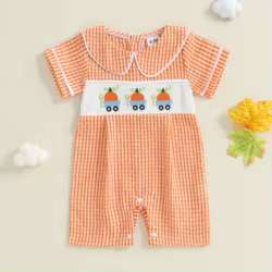 Pelele de verano para niñas pequeñas, mono informal de manga corta con cuello de muñeca a cuadros y bordado de calabaza, ropa bonita