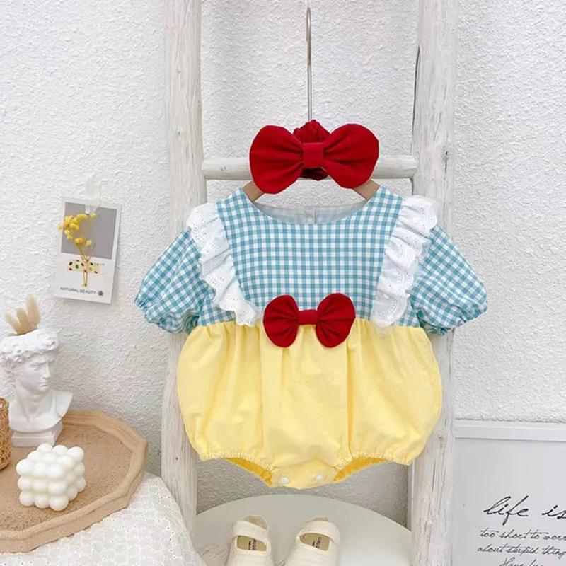 Pelele de princesa de verano para niñas, mono bonito para bebé con diadema con lazos, ropa para recién nacidos, mono coreano de una pieza, disfraz infantil 2024