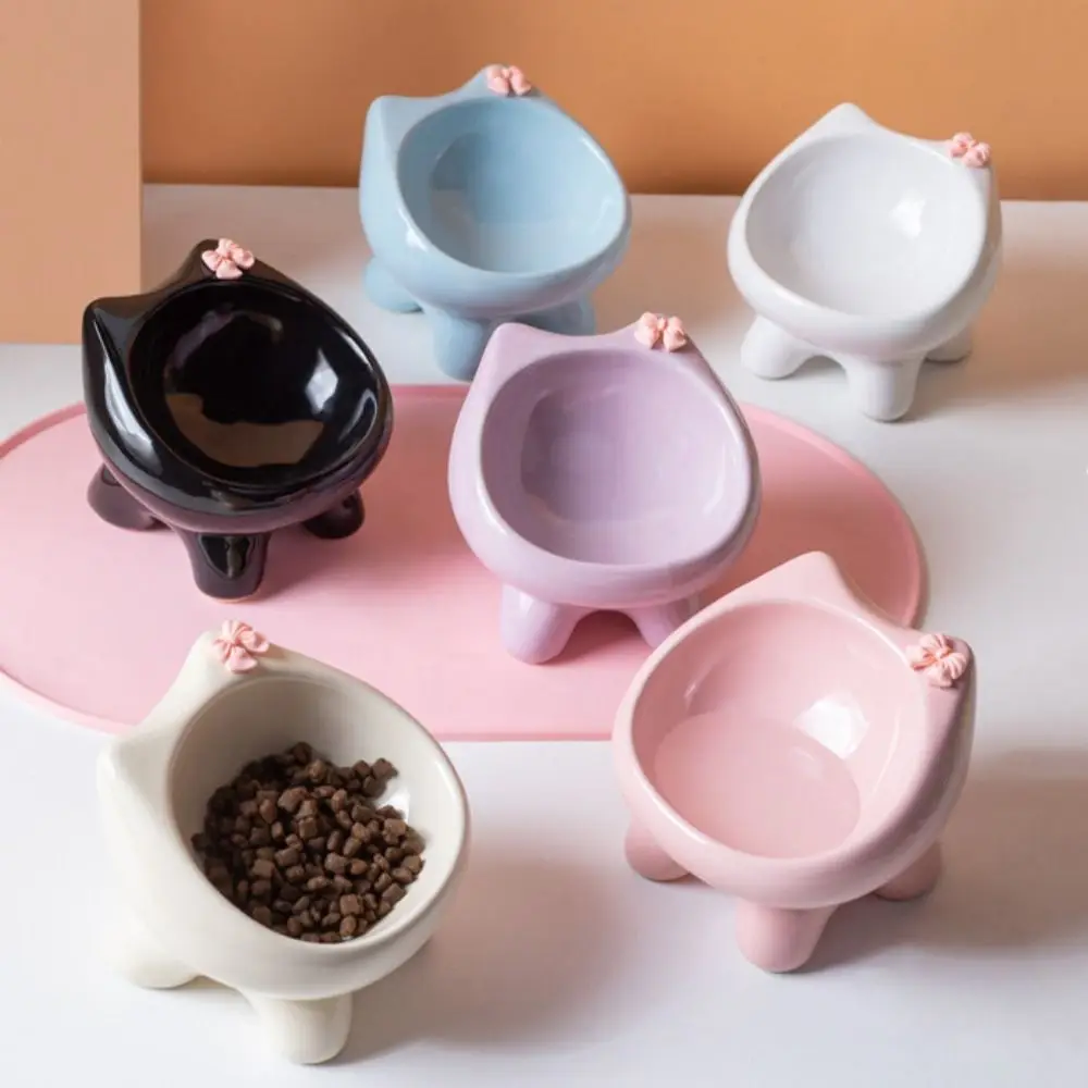 Cuencos para gatos de pierna alta con pajarita, plato alimentador antideslizante de gran diámetro para perros, bonito protector para el cuello, cuencos de cerámica para mascotas para gatos y perros - imagen 3