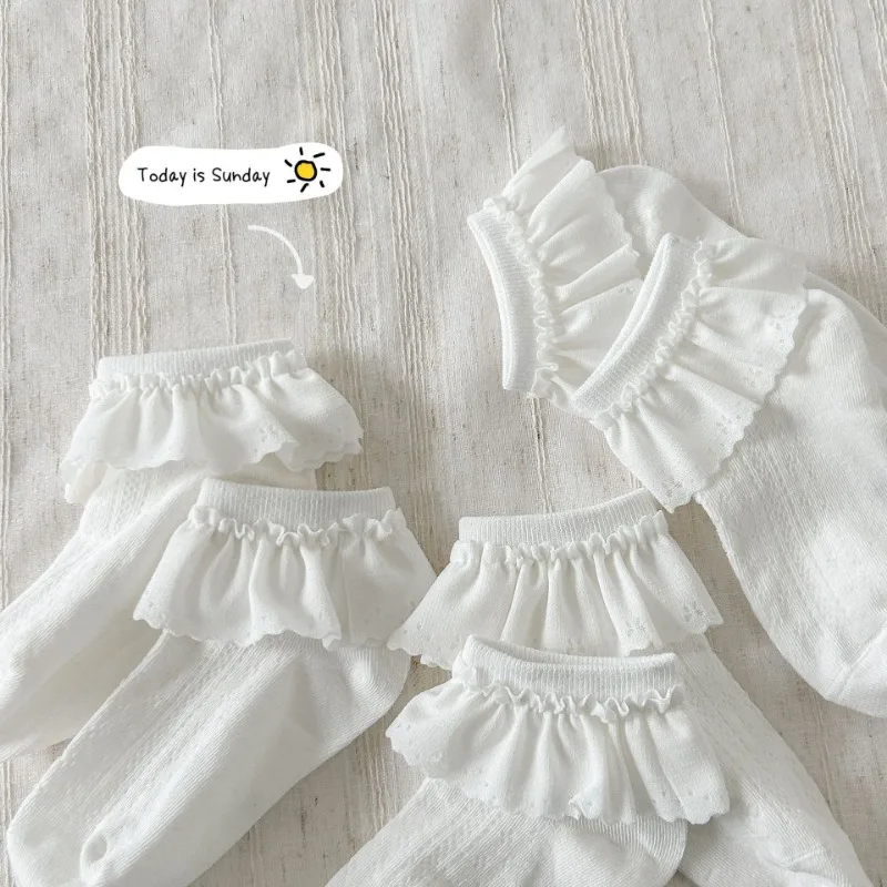 3 par/set Color blanco lindo calcetín de princesa para niños niña verano fino transpirable suave algodón calcetín para niños dulce arco volante calcetín - imagen 4