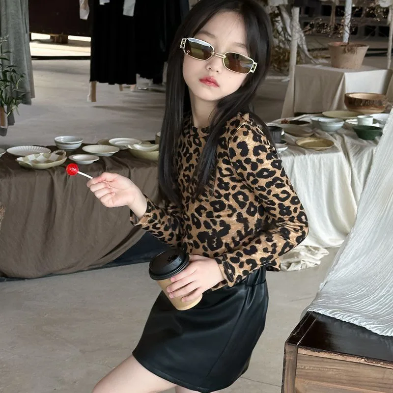 Camiseta corta con estampado de leopardo para niña, camisa básica de manga larga a la moda, Top versátil dulce y fresco, suave y agradable para la piel, otoño - imagen 4