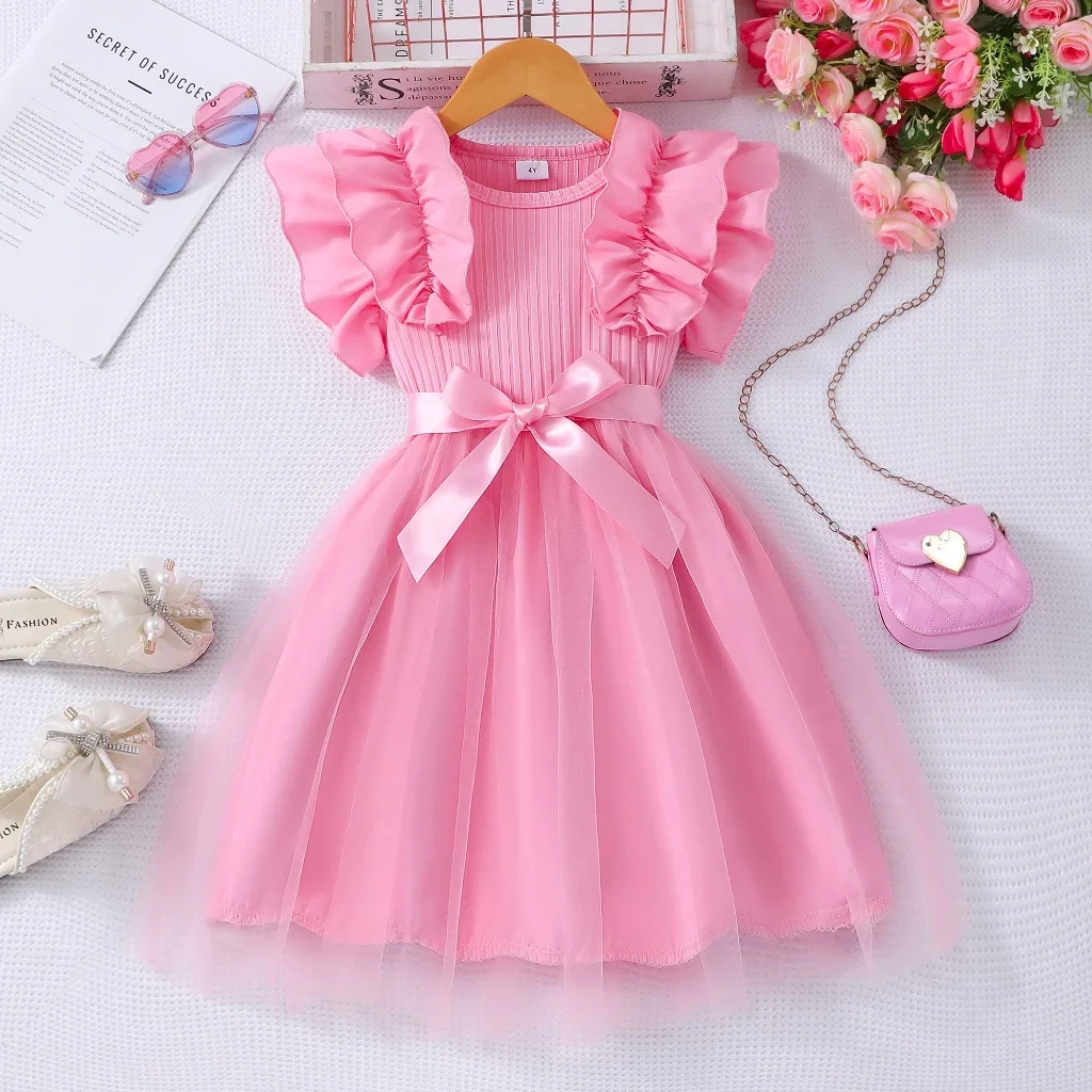 Vestido de malla para niñas, vestido de verano de manga corta con cinturón, vestidos de princesa bonitos a la moda para niños pequeños, vestido de fiesta de cumpleaños para niños de 3 4 5 6 7 años - imagen 2