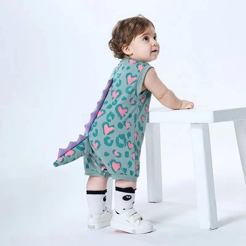 Mameluco Unisex con estampado ligero de verano para bebé, mono sin mangas con bonito dinosaurio de dibujos animados, camiseta sin mangas transpirable para bebés - imagen 3