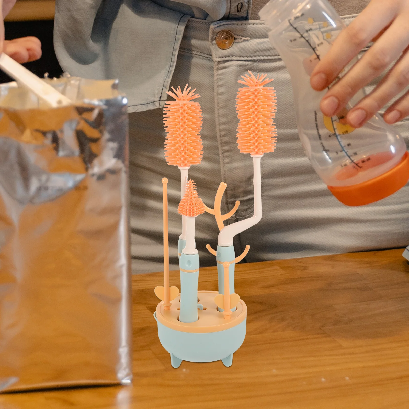 Juego de cepillos para biberones, herramientas de limpieza de botellas de leche infantil, diseño de soporte, limpiador de botellas portátil con mango largo para biberones, pajita, 1 Juego