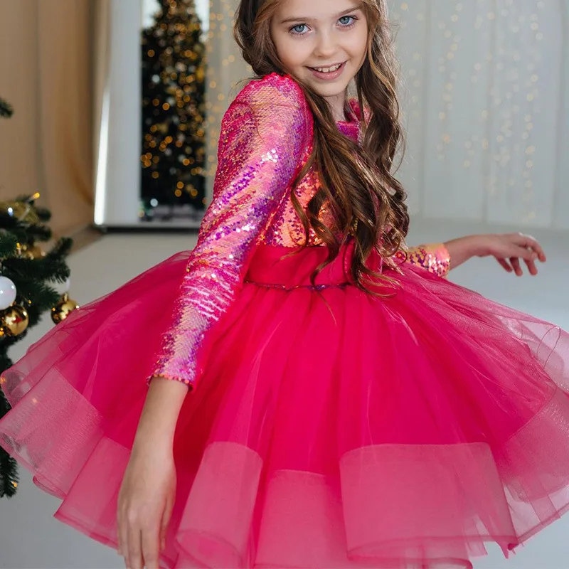 2025 Vestido de princesa de manga larga para niñas, vestido de lentejuelas magenta para Piano Recital, desfile de moda, fiesta brillante, ropa Formal, vestido de niña - imagen 3