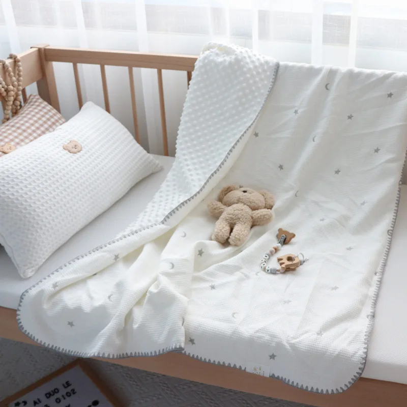 Manta de bebé con estrella de oso bordada de tejido de gofre, manta de bebé con textura de gofre suave y acogedora, manta tejida de algodón para niños, envoltura para recién nacido