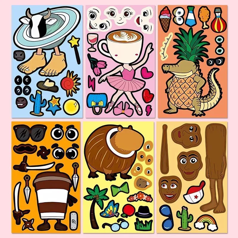 Juego de pegatinas de cerrojo italiano, 8/16 hojas, pegatinas de rompecabezas de Tung Sahur, hacer una cara, rompecabezas divertido para montar, juguetes educativos para niños - imagen 4