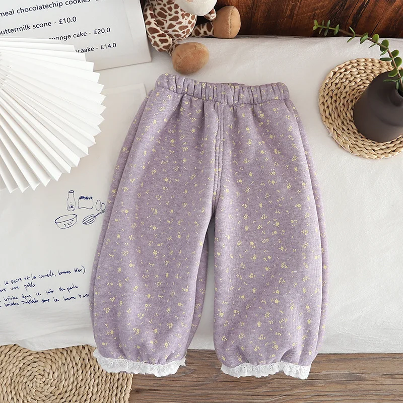 Pantalones forro polar niñas estampado floral con puños de encaje - imagen 2
