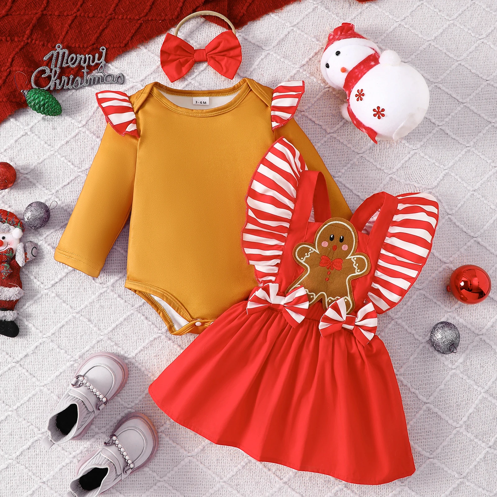 Conjunto de pan de jengibre para niña de 0 a 18 meses, pelele de manga larga con volantes, vestido general con mangas voladoras, diadema con lazo, conjunto de Navidad de 3 uds. - imagen 2