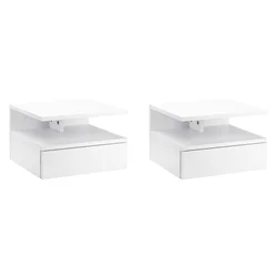 HOMCOM Juego de 2 Mesitas de Noche Flotantes con 1 Cajón y Estante Abierto Montado en Pared de Madera 35x32x22,5 cm Blanco