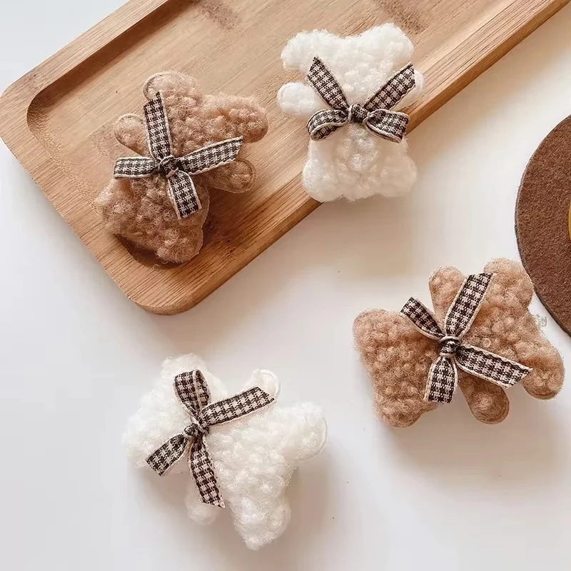 2 unids/set niños pequeños oso de peluche pinzas para el cabello con lazo horquillas para niños bebé hecho a mano niñas lindos accesorios para el cabello pasadores abrazadera