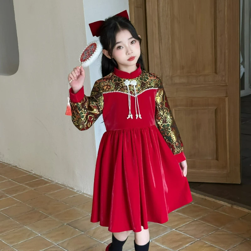 Vestido de Año Nuevo Qipao para niña, vestido con forro polar de otoño e invierno, nuevo vestido rojo de estilo chino para niños, lindo vestido de princesa - imagen 3