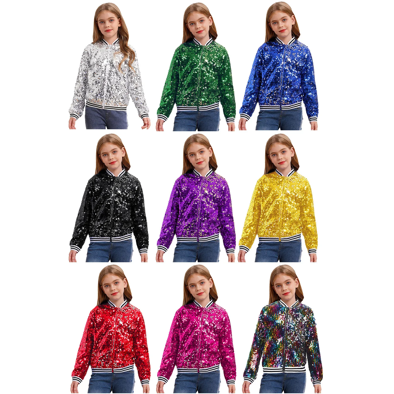Chaqueta de lentejuelas brillantes para niñas, abrigo de béisbol de manga larga con cremallera frontal, ropa de abrigo con adornos a rayas, chaquetas de fiesta de baile moderno de Jazz - imagen 2