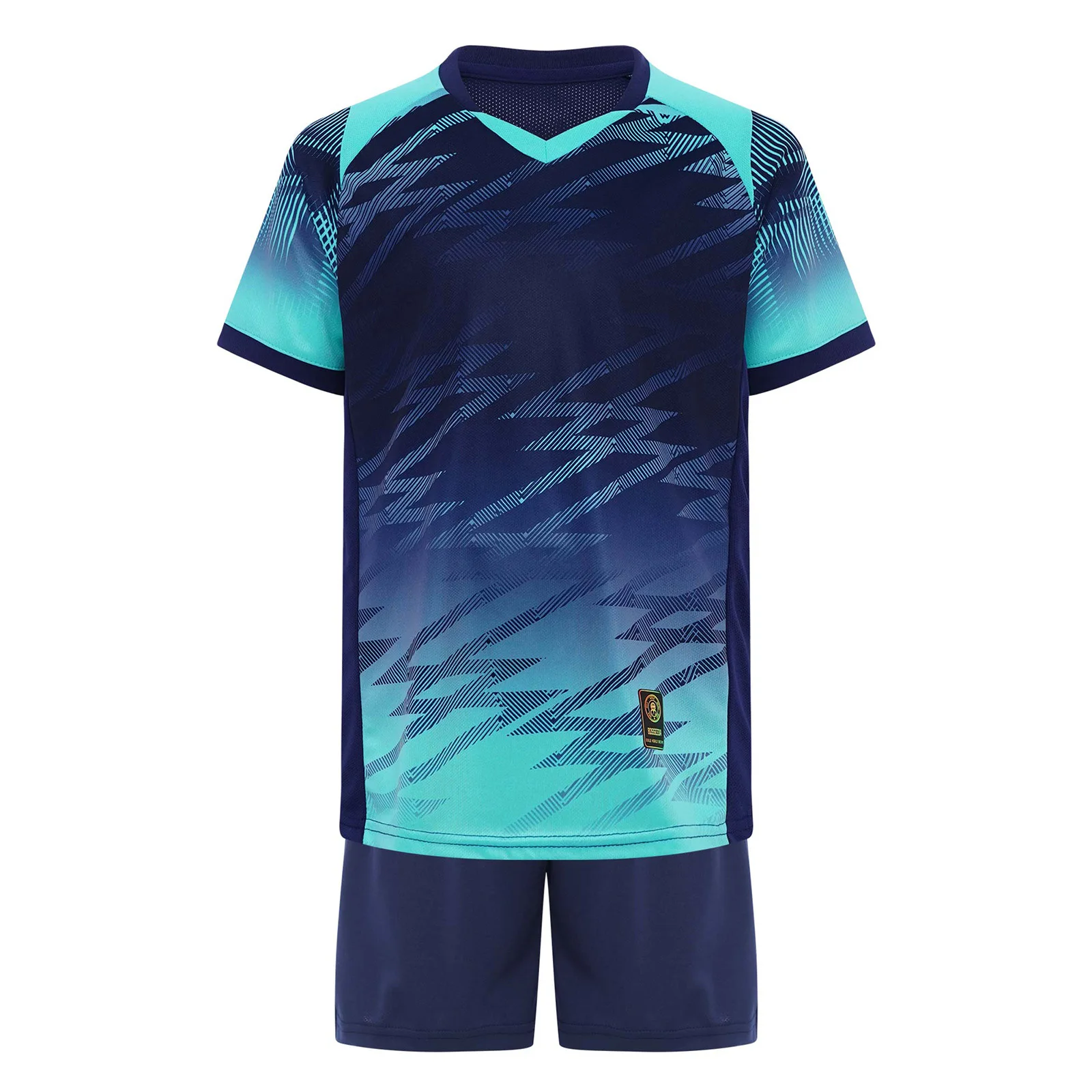 Uniforme de entrenamiento de fútbol de 2 piezas para niños, ropa deportiva, chándal, camiseta de manga corta con estampado elegante de Color en contraste y pantalones cortos - imagen 4