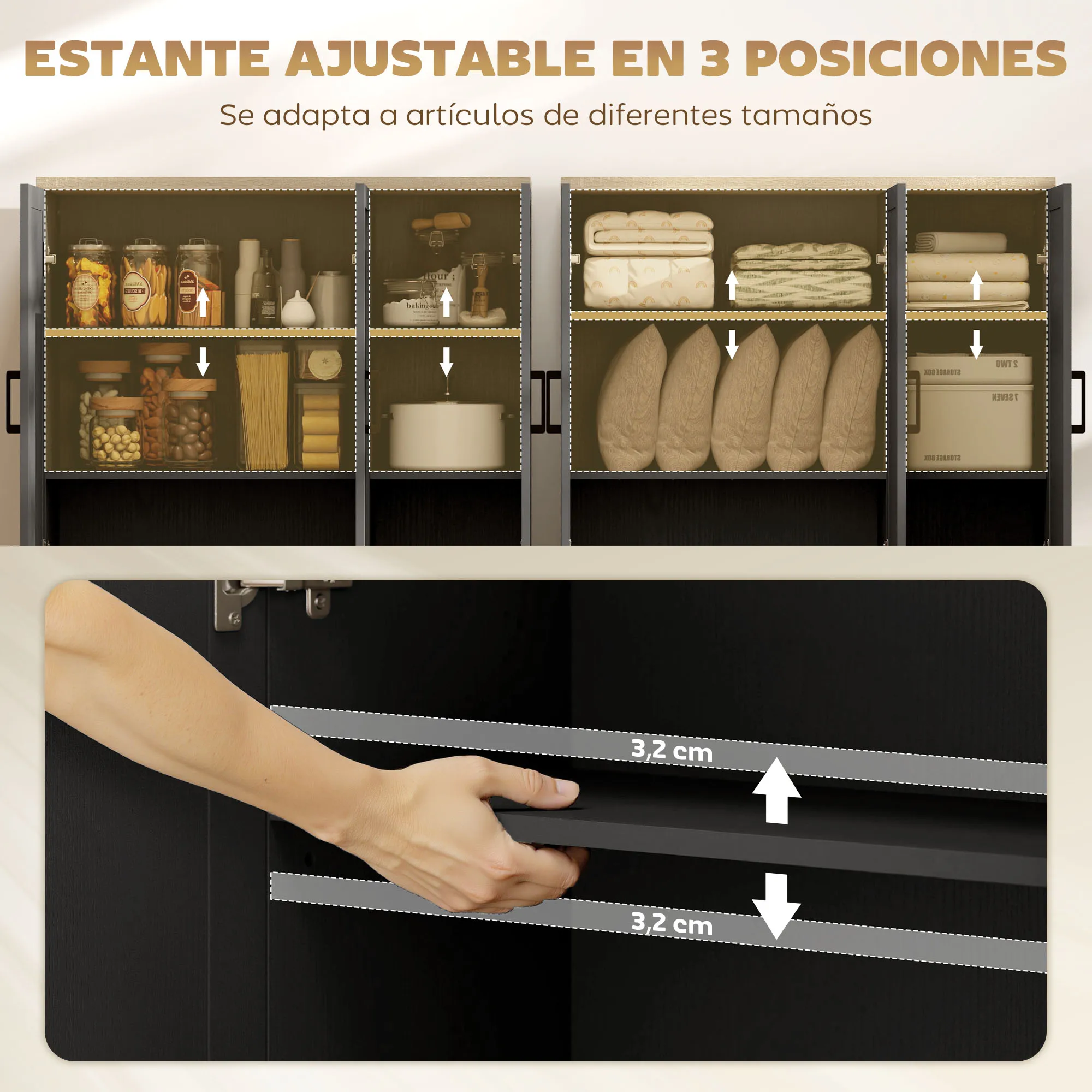HOMCOM Aparador Estrecho de 3 Puertas, Aparador de Salón con Estantes Ajustables, para Cocina, Entrada, Comedor, Dormitorio, Negro, 90x30x90 cm - imagen 5