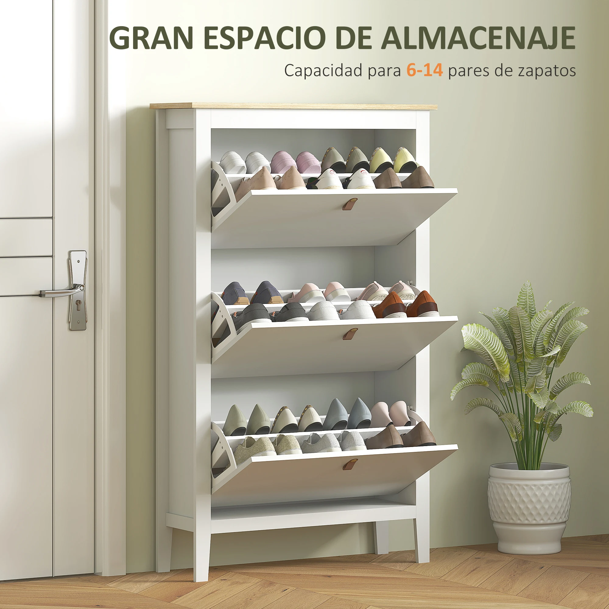 HOMCOM Mueble Zapatero Estrecho Zapatero Entrada Recibidor con 3 Cajones Abatibles Estantes Ajustables y Tiradores de PU para 21 Pares de Zapatos para Pasillo 80x24x131 cm Blanco - imagen 4