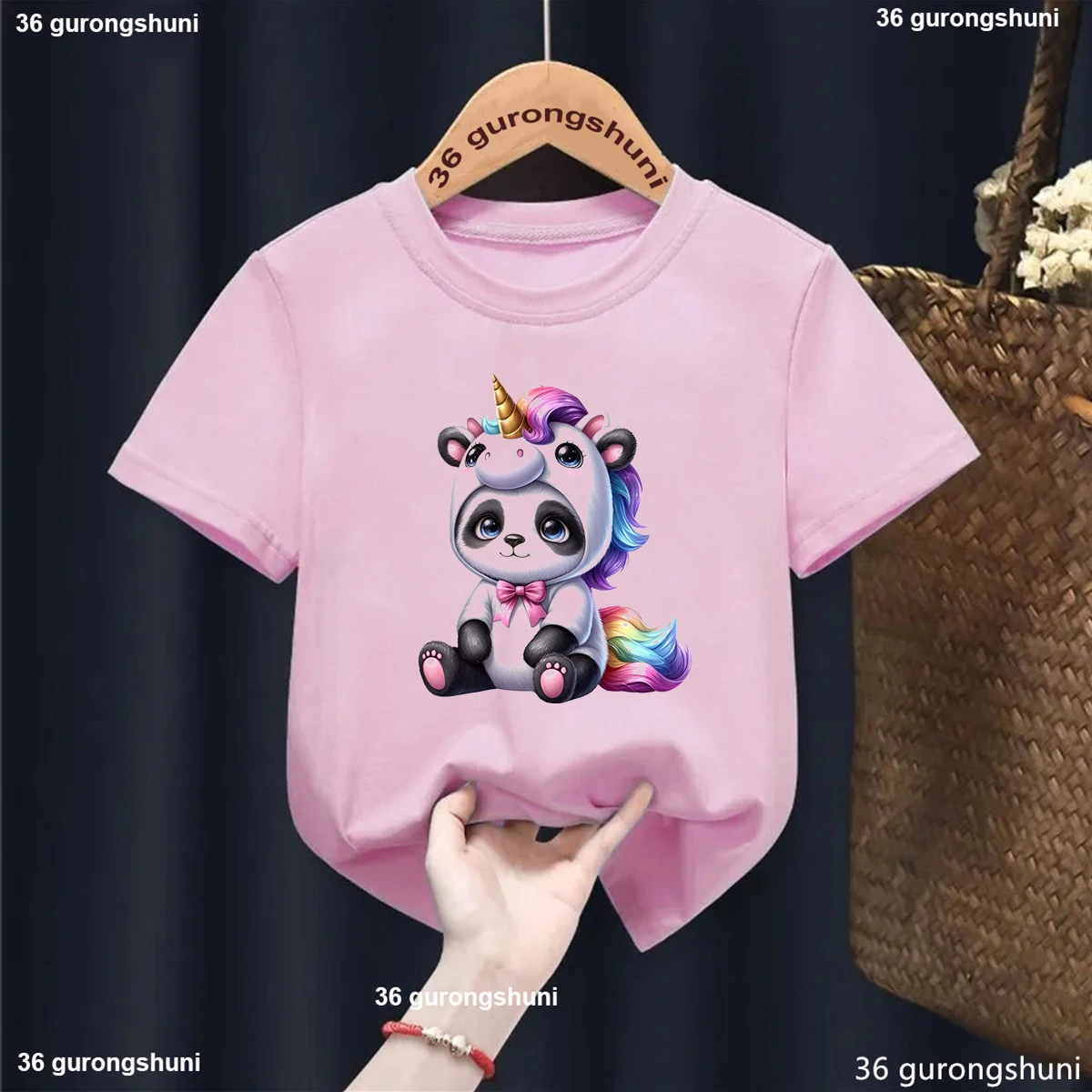 Camiseta con estampado de animales de Panda y unicornio arcoíris para niñas/niños, ropa divertida Kawaii para niños, camiseta de moda de verano, camisetas de 3 a 13 años - imagen 2