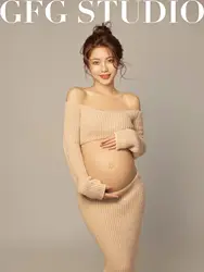 Omen vestido de maternidad falda y top punto caqui para fotos estudio