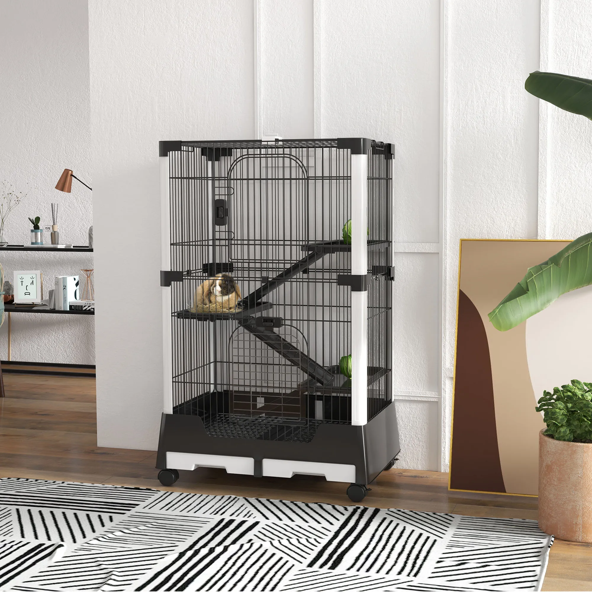 PawHut Jaula para Animales Pequeños con Ruedas 114x75x50 cm Valla para Mascotas con 3 Plataformas 3 Rampas Bandejas Extraíbles para Hurones Conejos Negro - imagen 2
