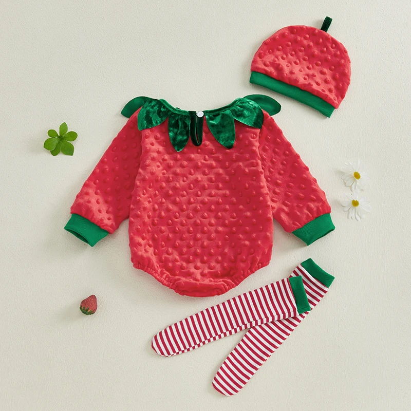 Pelele de fresa para niñas de 0 a 18 meses, monos peludos de manga larga con cuello redondo y flores, sombrero, calcetines a rayas, trajes de otoño - imagen 2