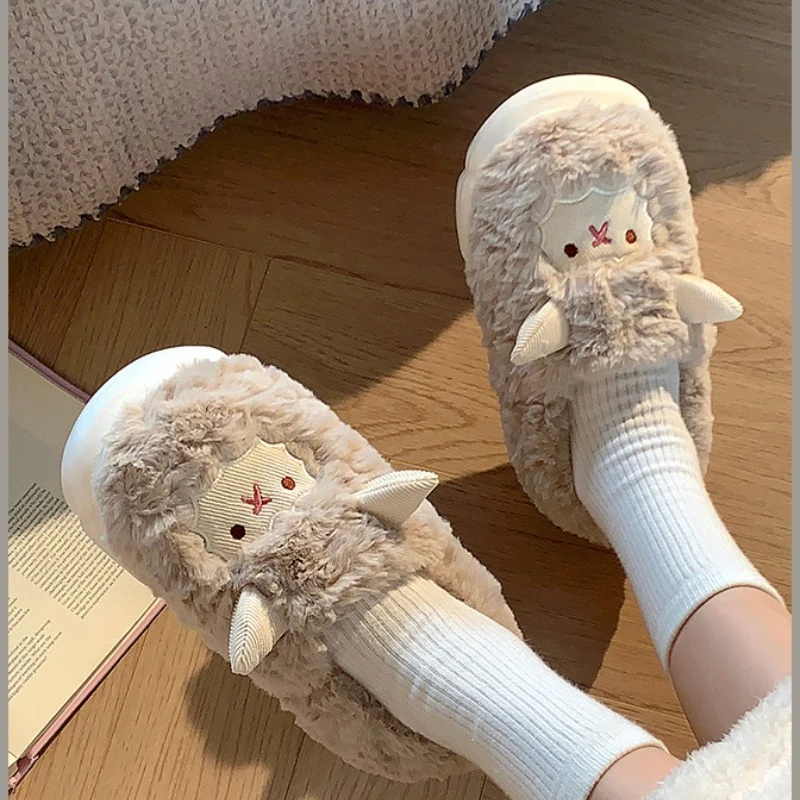 Preciosas ovejas de dibujos animados para mujer, pantuflas mullidas para interiores, tipo Animal, antideslizantes, suaves, de felpa, para amantes, zapatos cálidos para casa para invierno - imagen 5