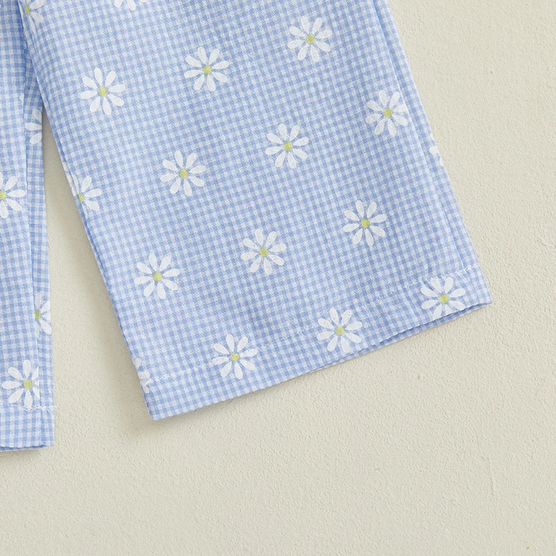 Conjunto de 2 piezas para niñas pequeñas de 1 a 4 años, Tops con mangas voladoras y volantes con estampado Floral a cuadros y pantalones elásticos, ropa de verano para bebés - imagen 5