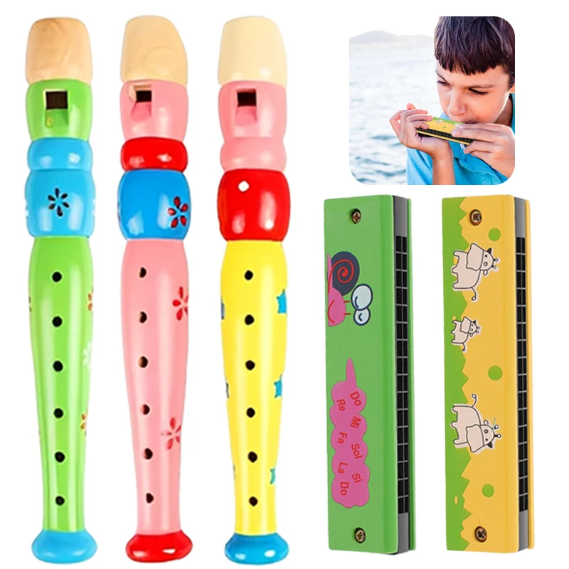 Flauta y armónica de madera infantil para aprender música en aula - imagen 4