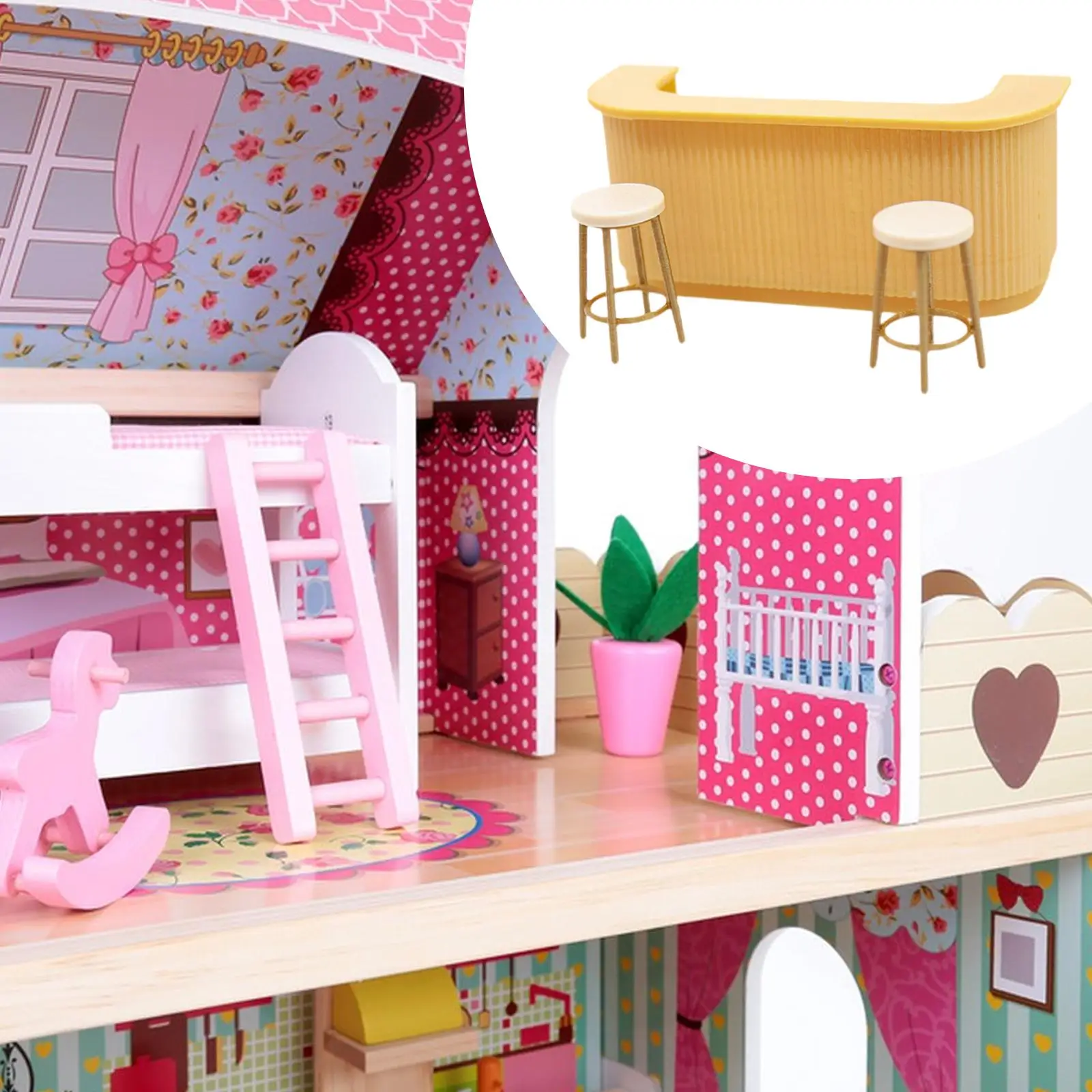 1/12 Dollhouse Miniature Bar Counter High Stools Set DIY Set Role Play Games Doll Accessories Dollhouse Furniture for Girls Kids