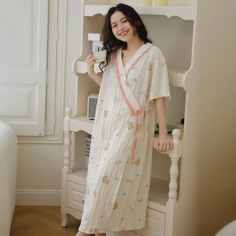 Camisón de lactancia para mujeres embarazadas, vestido de lactancia posparto de manga corta de verano, vestido informal holgado de maternidad a cuadros - imagen 5