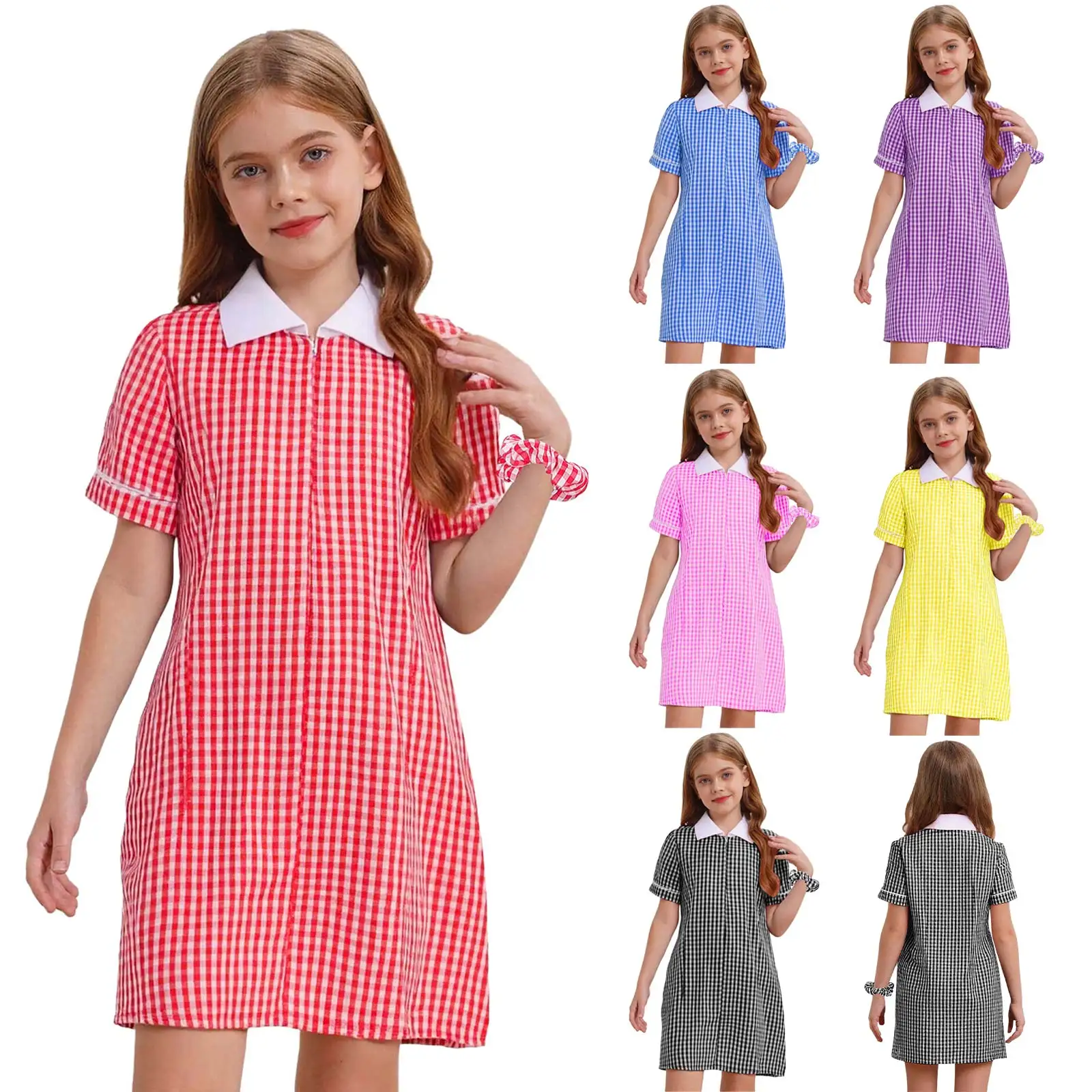 Vestido escolar a cuadros para niñas con diadema, cuello vuelto, manga corta, dobladillo plisado, vestido acampanado, uniforme escolar, uso diario - imagen 2