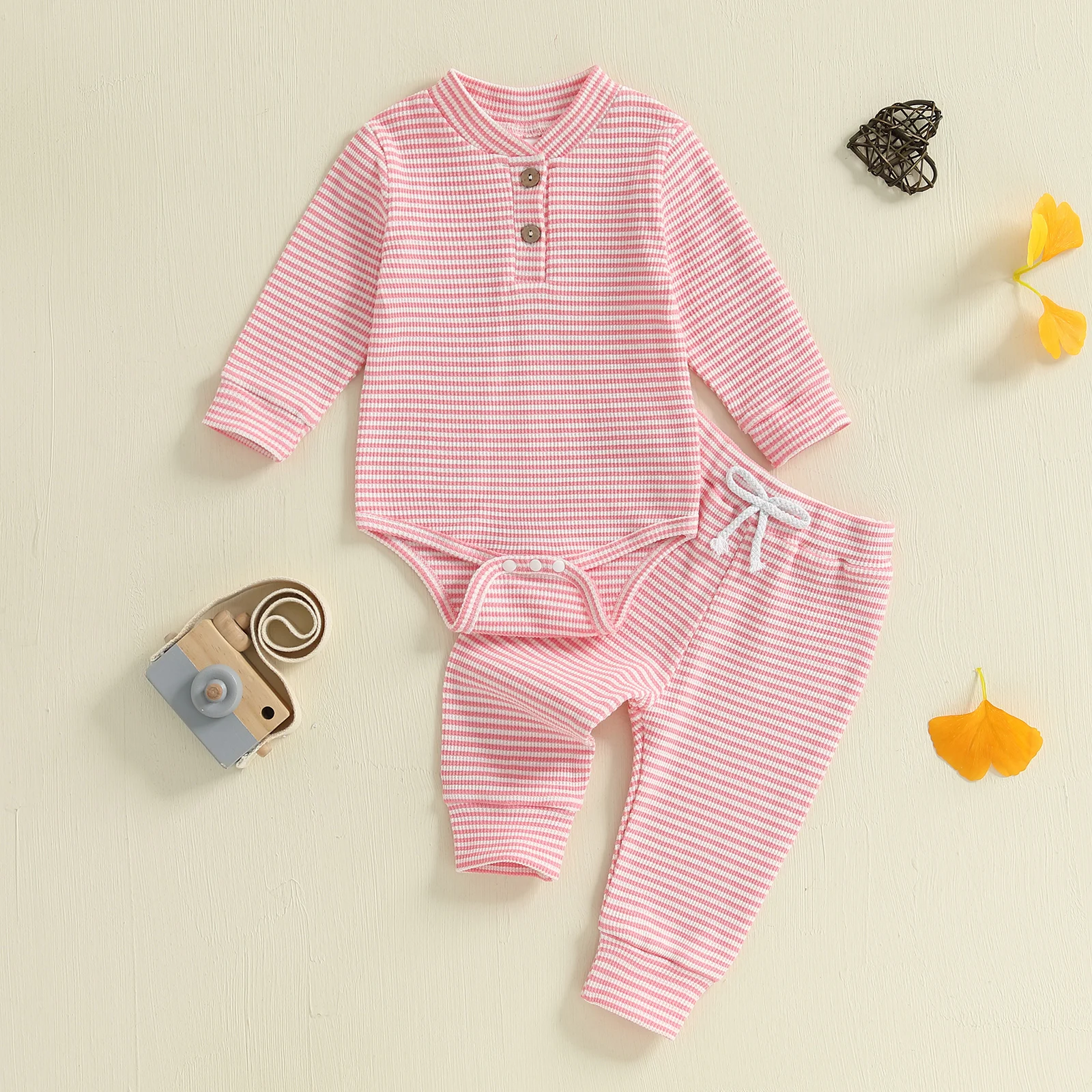 VISgogo Ropa de otoño para bebés y niñas, pelele de manga larga a rayas, pantalones de cintura elástica, traje para recién nacidos de 2 piezas - imagen 3