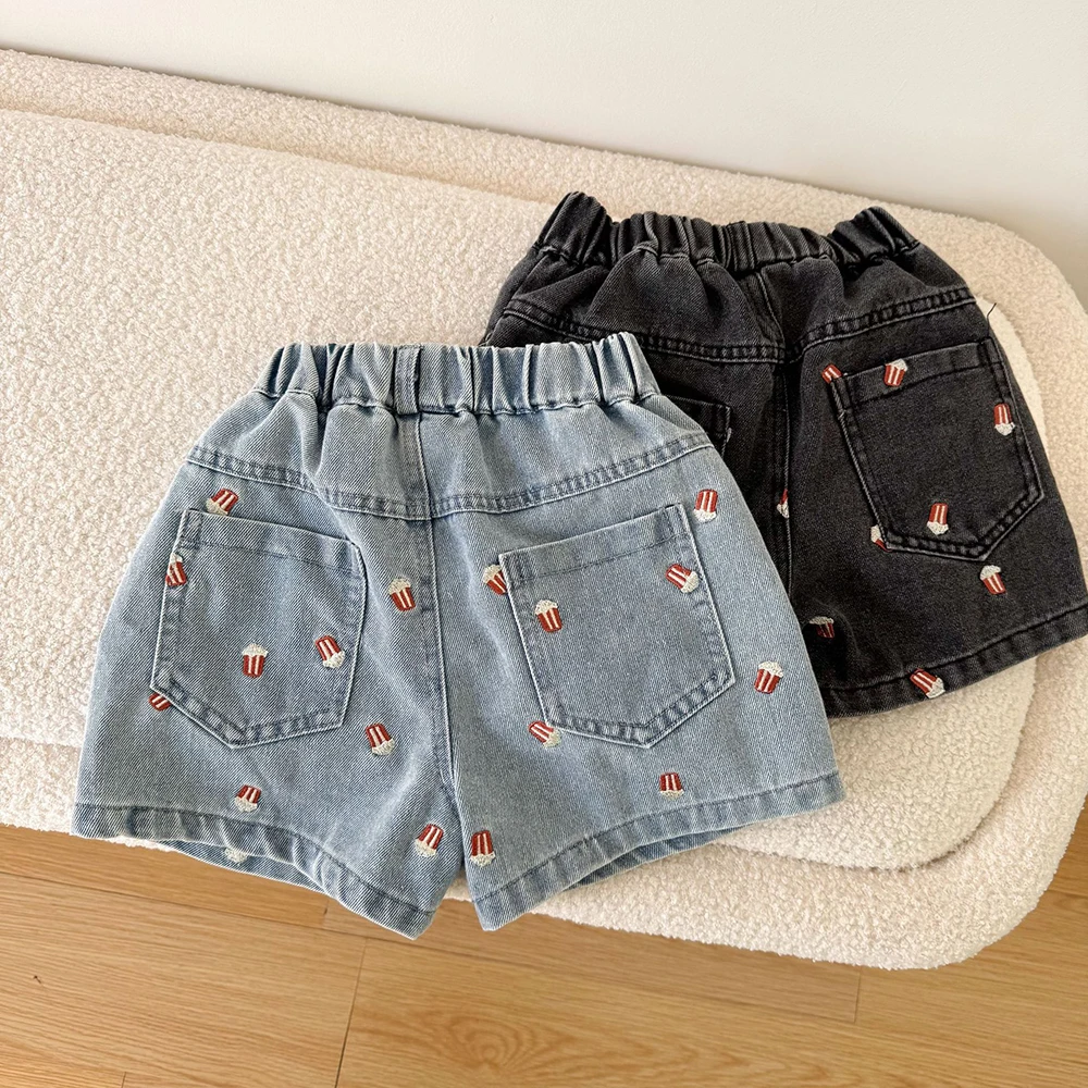 Pantalones cortos de mezclilla para niños y niñas, pantalones cortos informales hasta la rodilla con cintura elástica y bordado de palomitas de maíz, verano 2025 - imagen 5