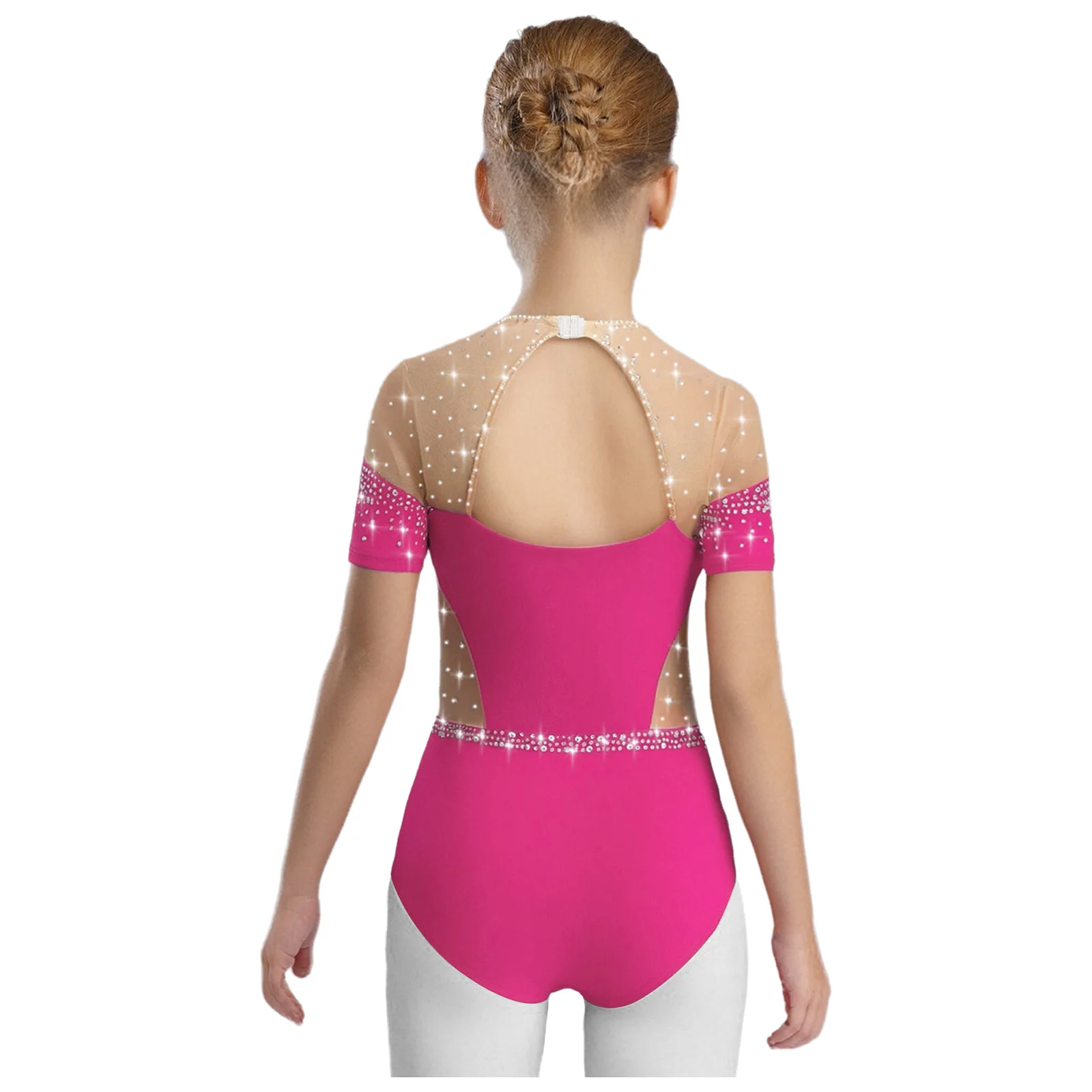 Niños Niñas patinaje artístico danza leotardo manga corta recortado espalda malla transparente Patchwork diamantes de imitación mono de gimnasia Ropa de baile - imagen 5