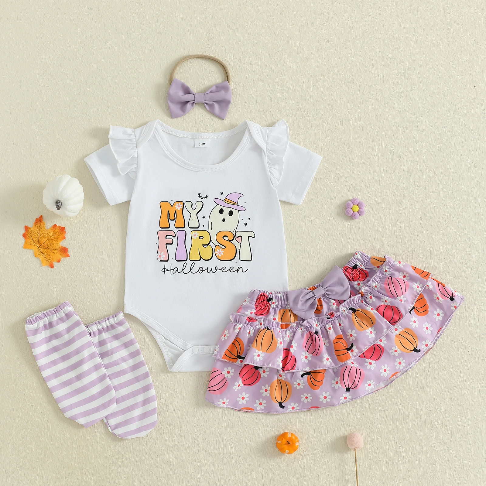 VISgogo Conjunto de 4 piezas de trajes de Halloween para niña, mameluco de manga corta con falda con patrón de calabaza, diadema con lazo y calcetines largos - imagen 2