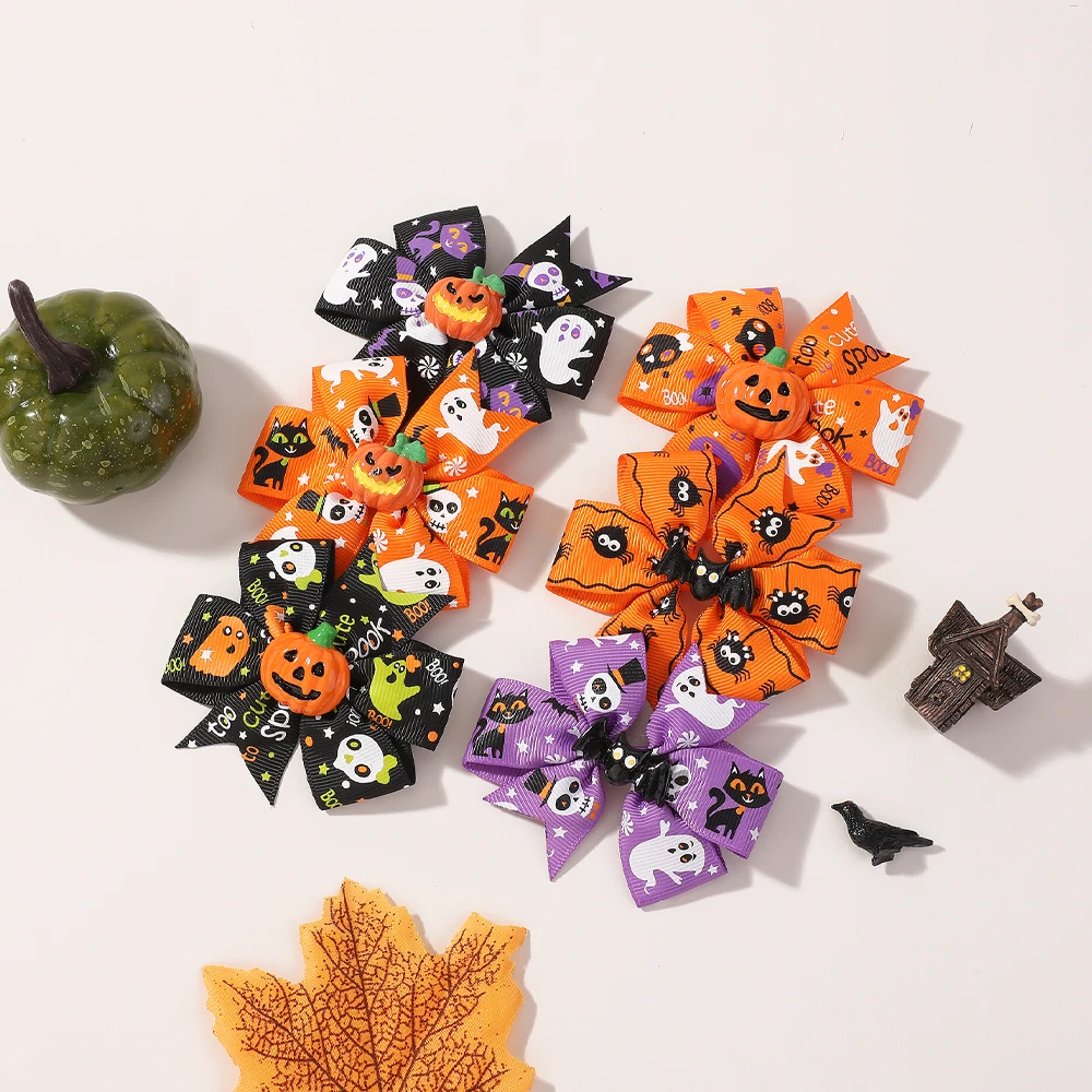 6 unids/set de pinzas para el cabello con estampado de calabaza de Halloween hechas a mano para niñas y niños, horquillas con lazo, accesorios exclusivos para el cabello de fiesta para mujeres - imagen 2