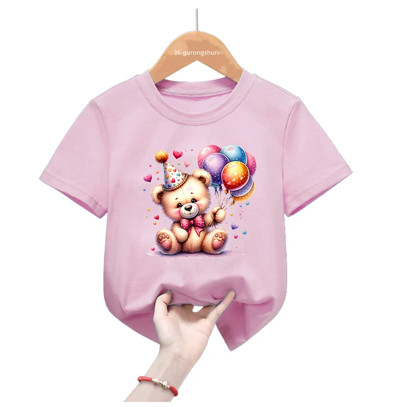 Camiseta con estampado de globo de amor de oso, regalo de cumpleaños para niñas, ropa Kawaii para niños, camiseta Rosa divertida, camiseta de manga corta de verano - imagen 5