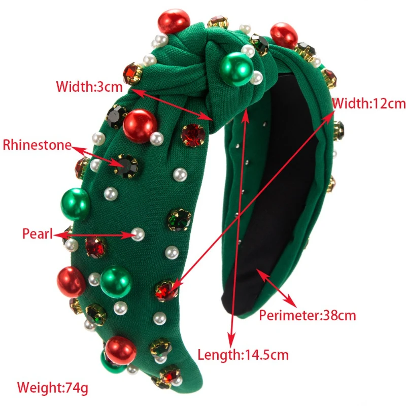 Diadema de perlas navideñas europea y americana para mujer, decoración de diamantes de imitación rojos y verdes, accesorio para el cabello minimalista, versátil y moderno - imagen 3