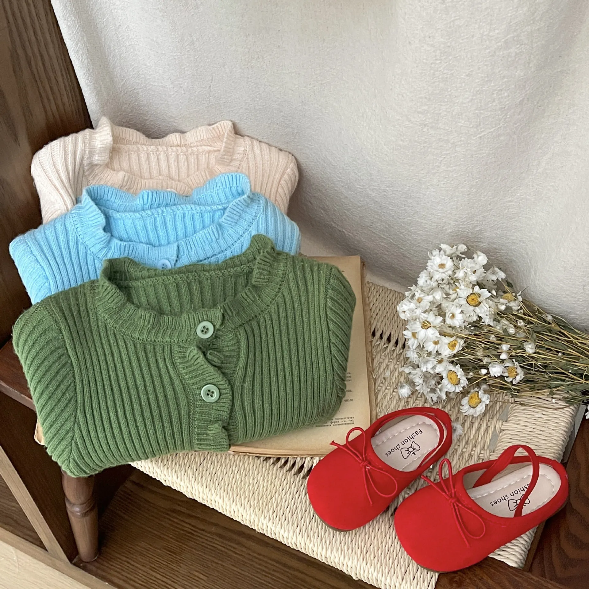 Suéter con borde de oreja para niña, ropa de otoño, cárdigan de Color sólido para bebé, abrigo, suéter de punto elegante para niño - imagen 3