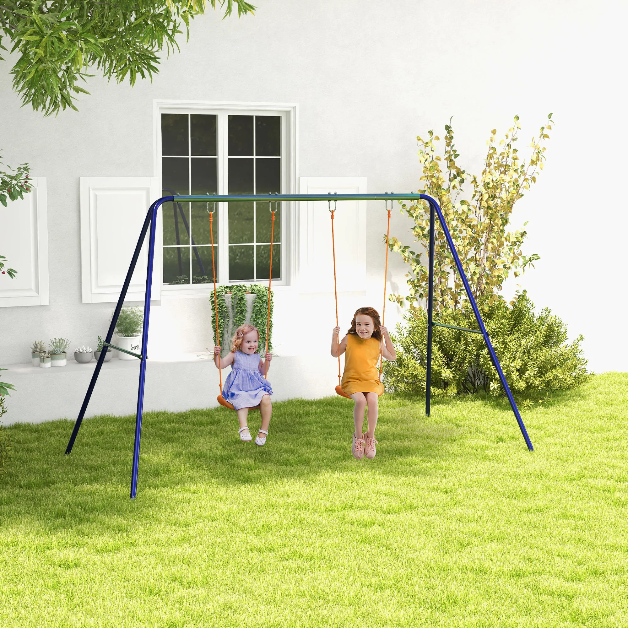 Outsunny Columpio Infantil Columpio para Niños de 3-8 Años con 2 Sillas Resistente a los Rayos UV y Soporte de Metal Carga 90 kg para Patio Jardín Multicolor