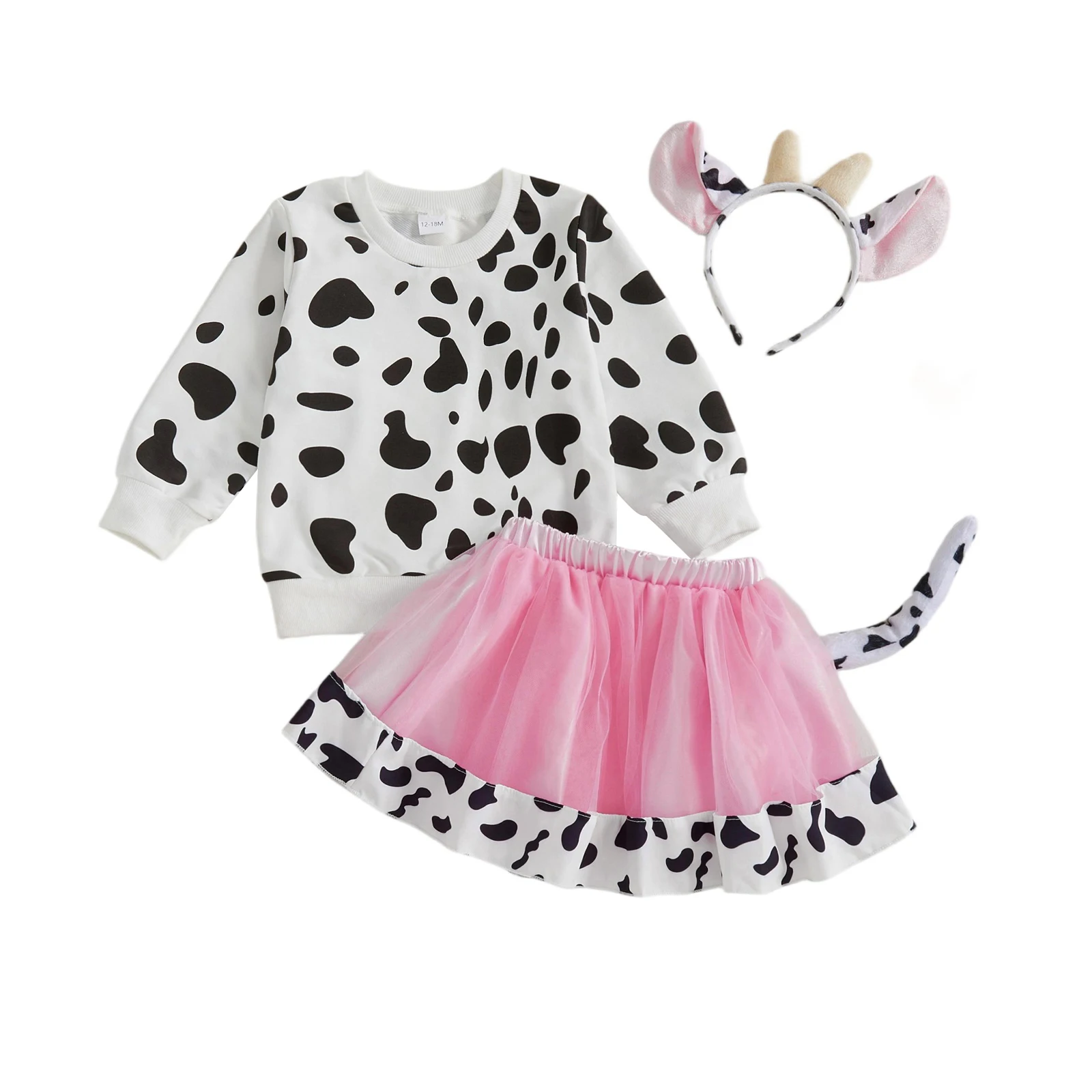 Conjuntos de Halloween para niña pequeña de 1 a 5 años, estampado de manchas de vaca, cuello redondo, camisetas de manga larga, minifalda de malla y diadema, conjunto de 3 uds. - imagen 2