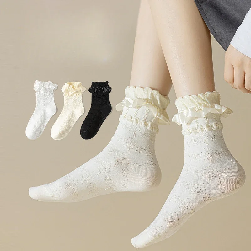 3 pares de calcetines Lolita de encaje blanco y negro para niñas, calcetines de tubo medio estilo universitario japonés, calcetines de princesa, ropa de calle dulce JK, medias