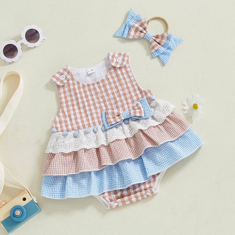 Tregren Mameluco de cuadros con lazo para niña – Verano - imagen 5