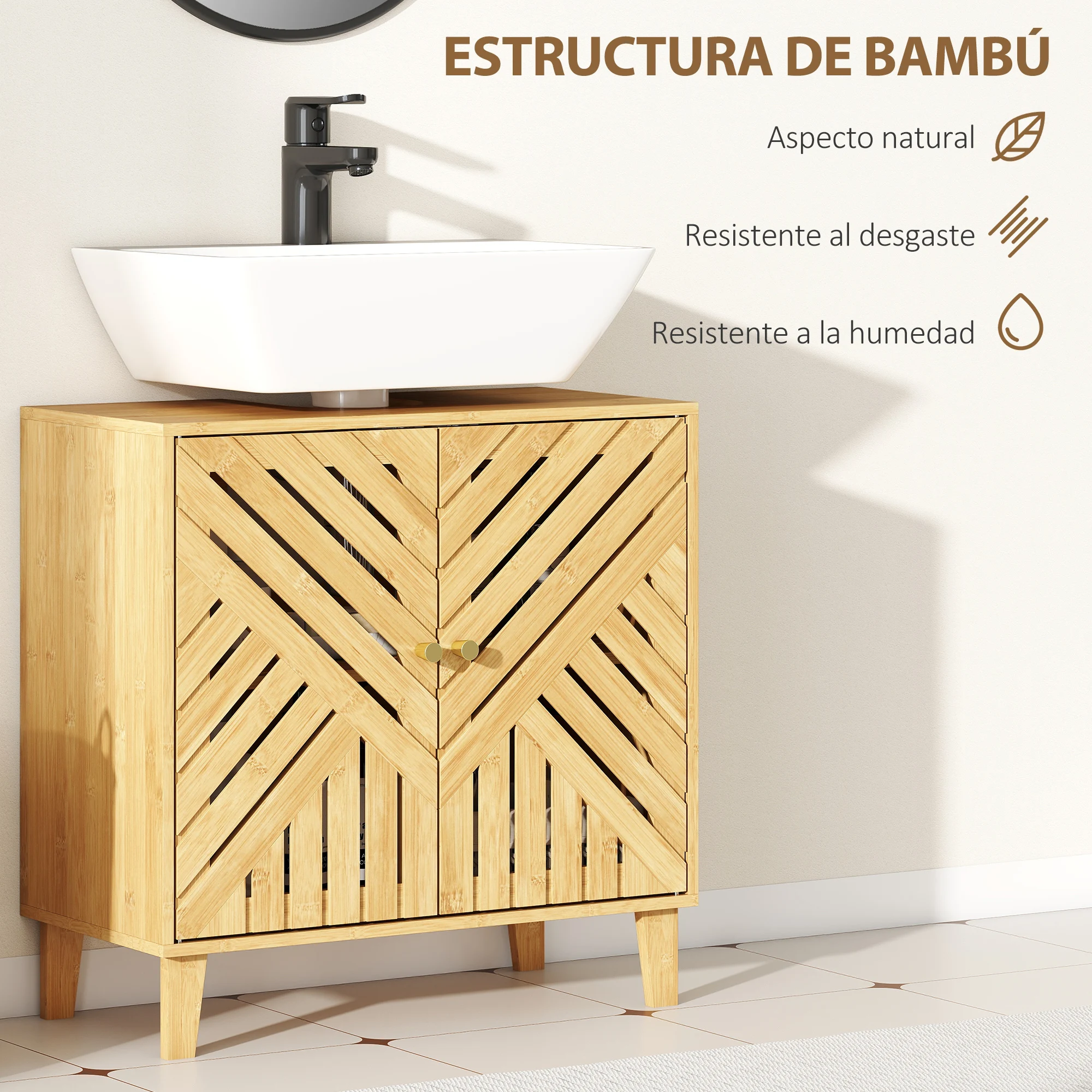 HOMCOM Mueble bajo Lavabo de Bambú Mueble de Baño con 2 Puertas Lamas y Estante Ajustable Armario de Baño para Lavabo sin Pedestal Estilo Nórdico 60x30x60 cm Natural - imagen 4