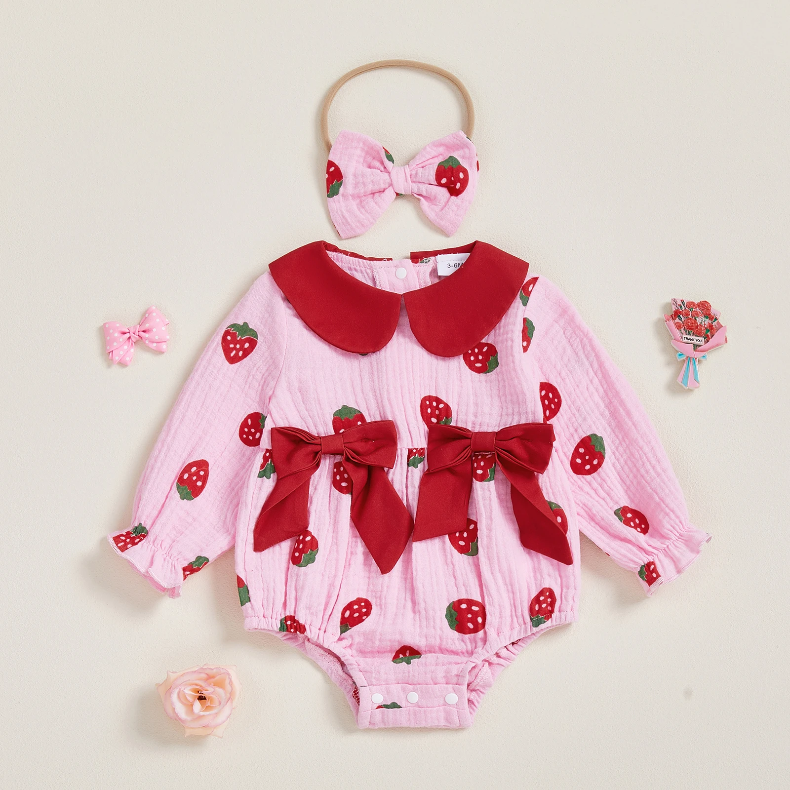Conjunto de 2 piezas de traje de otoño para niña con cuello de muñeca de fresa/cereza/corazón, mameluco de manga larga, diadema con lazo