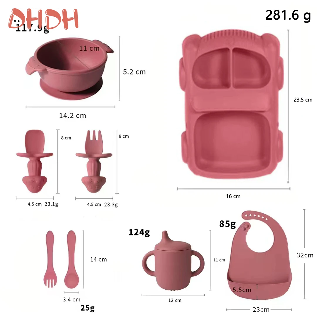 Juego de platos para niños de 8 Uds., vajilla de silicona, cuchara, tenedor, ventosas, tazones y babero, cosas para bebés - imagen 5