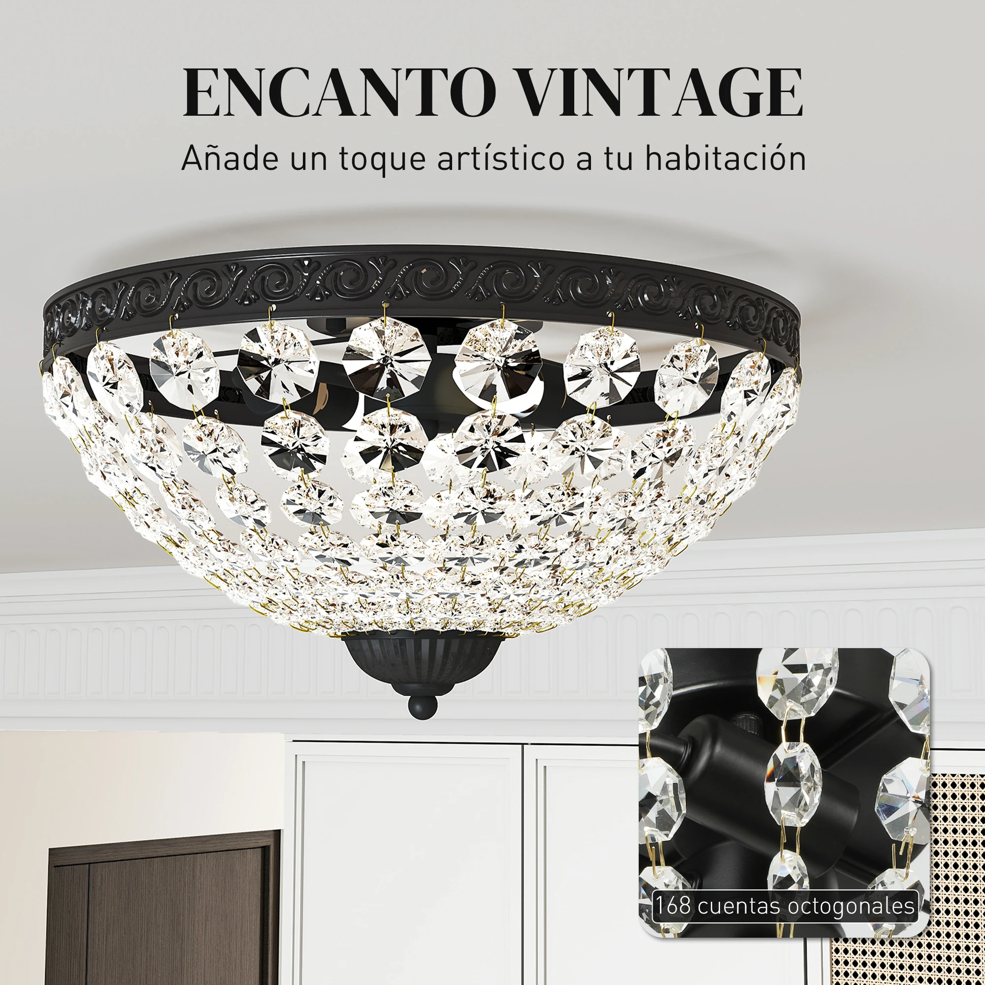 HOMCOM Lámpara de Techo de Cristal Clásica con 2 Casquillos E14, 40W, Plafón de Techo Vintage con 168 Cuentas de Cristal para Dormitorio, Salón, Cocina y Comedor, Negro - imagen 4