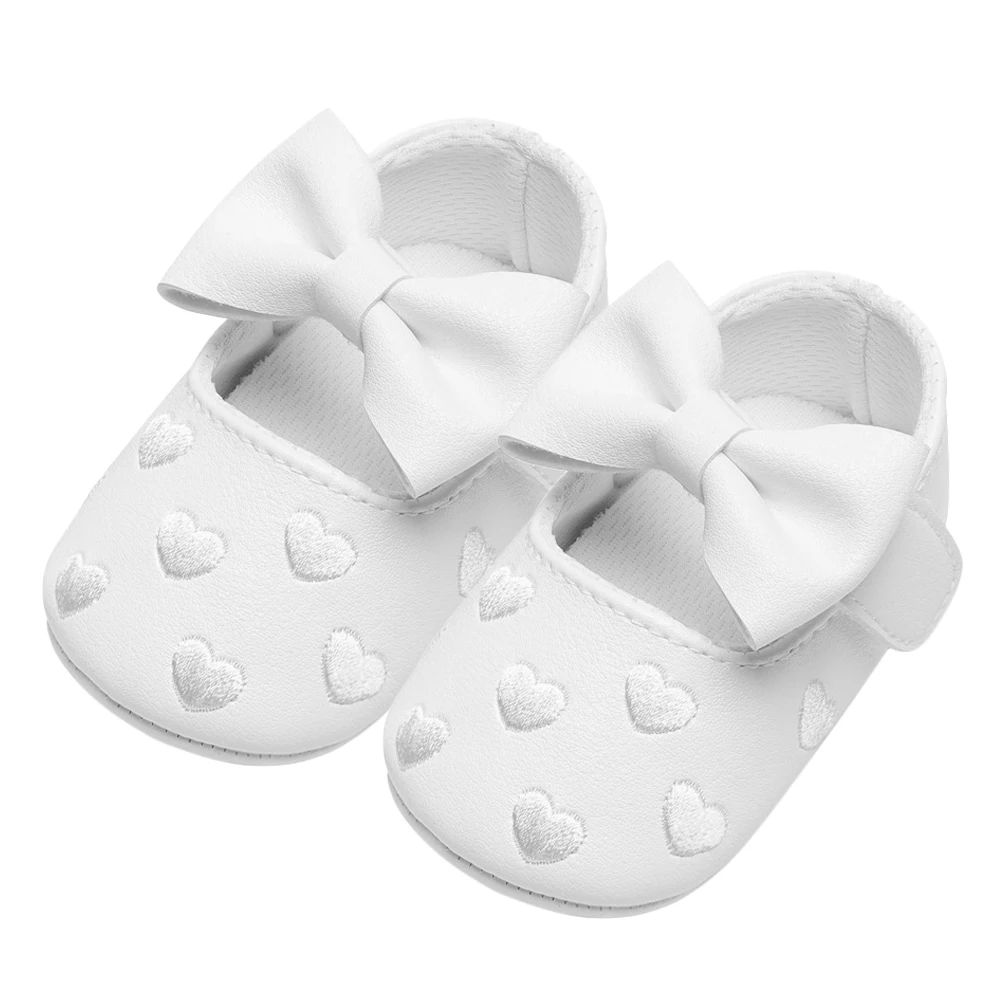 1 par de zapatos para bebés pequeños, blancos, 11Cm, 4Us, 3Uk, 19,5 Eu, 4,323 pulgadas, patrón de corazón, lazo bordado, Prewalker para niñas pequeñas, suaves - imagen 5