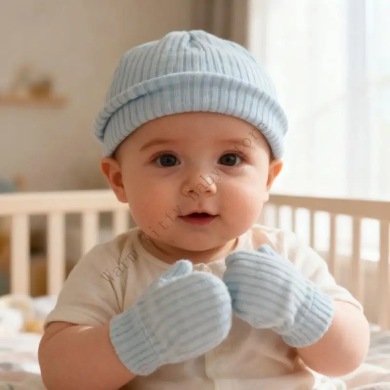 Conjunto gorro y manoplas de algodón para bebé – Suave - imagen 2