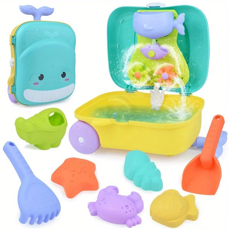 Juguetes de playa para niños pequeños, juego de arena con rueda de agua, moldes de animales, regadera, cuchara de arena en estuche lindo, viaje de verano